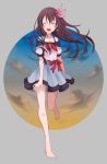  1girl barefoot blue_skirt brown_hair closed_eyes cloud commentary_request facing_viewer full_body gradient_sky grey_background hair_ornament highres kantai_collection kisaragi_(kantai_collection) kujiramaru long_hair official_alternate_costume sailor_collar sailor_shirt shirt simple_background skirt sky smile solo striped striped_skirt white_shirt 