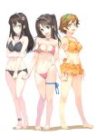  3girls :d bangs barefoot bikini blue_ribbon blush breasts brown_eyes brown_hair cleavage closed_mouth collarbone floating_hair flower full_body green_eyes green_hairband groin hair_flower hair_intakes hair_ornament hairband hand_on_hip head_tilt highleg highleg_bikini highres honda_mio idolmaster idolmaster_cinderella_girls long_hair looking_at_viewer medium_breasts multiple_girls navel new_generations o-ring o-ring_bikini open_mouth orange_bikini pink_bikini pink_flower plaid plaid_bikini polka_dot polka_dot_bikini ribbon shibuya_rin shimamura_uzuki shiny shiny_hair short_hair sideboob simple_background smile soramiruku standing swimsuit thigh_ribbon triad_primus underboob very_long_hair white_background 