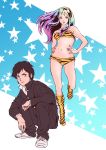  1boy 1girl alien animal_print black_eyes black_hair blue_eyes gradient_hair green_hair hands_on_hips highres horns looking_at_viewer lum midriff moroboshi_ataru multicolored_hair navel purple_hair school_uniform squatting teikoku_jokyoku tiger_print urusei_yatsura 