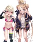  2girls abigail_williams_(fate/grand_order) abigail_williams_(swimsuit_foreigner)_(fate) bangs bare_shoulders bikini black_bow black_cat black_gloves black_jacket black_legwear blonde_hair blue_eyes blush bow braid braided_bun breasts cat closed_mouth double_bun dress_swimsuit elbow_gloves fate/grand_order fate_(series) forehead gloves highres illyasviel_von_einzbern illyasviel_von_einzbern_(swimsuit_archer)_(fate) jacket keyhole leaning_forward long_hair looking_at_viewer mitre multiple_bows multiple_girls nyaa_kitsune off_shoulder open_clothes open_jacket open_mouth orange_bow parted_bangs partly_fingerless_gloves paw_pose pink_bikini red_eyes sidelocks simple_background single_thighhigh small_breasts smile swimsuit thighhighs thighs twintails very_long_hair wavy_mouth white_background white_hair white_headwear white_swimsuit 