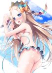  1girl abigail_williams_(fate/grand_order) ass bangs bare_shoulders bikini blonde_hair blue_bow blue_eyes blush bow braid breasts fate/grand_order fate_(series) forehead hair_bow highres ko_yu long_hair looking_at_viewer looking_back multiple_bows open_mouth orange_bow parted_bangs small_breasts swimsuit thighs twin_braids untied untied_bikini white_bikini 