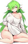  1girl alternate_costume aoba_(guardian_tales) blush breasts collarbone copyright_request green_hair guardian_tales hair_over_one_eye hand_under_clothes hand_under_shirt highres large_breasts lifted_by_self long_hair long_sleeves looking_at_viewer naked_shirt ndgd neet_aoba_(guardian_tales) oversized_clothes oversized_shirt pointy_ears purple_eyes shirt shirt_lift simple_background sitting solo very_long_hair white_background white_shirt 
