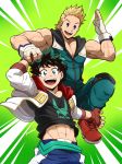  2boys absurdres bara blonde_hair blue_eyes bodysuit boku_no_hero_academia cleavage_cutout cosplay covered_abs freckles gloves green_bodysuit green_eyes green_hair highres holding_hands kuroshinki male_focus midoriya_izuku midoriya_izuku_(cosplay) multiple_boys open_mouth pectorals short_hair smile toned toned_male toogata_mirio toogata_mirio_(cosplay) 