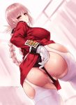  1girl absurdres alternate_legwear anus ass bangs black_panties blunt_bangs blush braid breasts covered_nipples eyebrows_visible_through_hair fate/grand_order fate_(series) florence_nightingale_(fate/grand_order) folded_ponytail garter_straps gloves hayama_kazusa highres large_breasts long_hair looking_at_viewer panties pink_hair pussy_juice red_eyes solo thighhighs underwear very_long_hair white_gloves white_legwear 