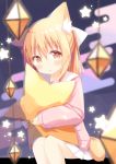  1girl :o absurdres animal_ear_fluff animal_ears bangs blonde_hair blurry blurry_foreground blush bow brown_eyes commentary_request depth_of_field egasumi eyebrows_visible_through_hair feet_out_of_frame hair_between_eyes hair_bow highres jacket long_sleeves looking_at_viewer miike-chan nakkar original parted_lips pillow pillow_hug pink_jacket pleated_skirt sailor_collar sitting skirt sleeves_past_wrists solo star_(symbol) star_pillow tail white_bow white_sailor_collar white_skirt 