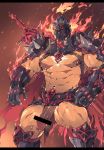  1boy abs armor bar_censor bara beard body_hair censored chest chest_hair chest_harness embers erection facial_hair fire gauntlets helmet highres large_penis male_focus manly mao_ten_go muscle navel nipples nude pauldrons pectorals penis red_eyes shirtless shoulder_armor solo surtr_(tokyo_houkago_summoners) thick_thighs thighs tokyo_houkago_summoners upper_body veins weapon weapon_on_back 