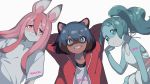  3girls ahoge animal_ears aqua_hair arms_behind_back bare_arms bare_shoulders blue_eyes blue_hair brand_new_animal closed_mouth collarbone commentary dress fish_girl fox_ears fox_girl furry grin hair_between_eyes hair_tie highres hiwatashi_nazuna jacket kagemori_michiru kojirou_(kojirou_sousaku) long_hair long_sleeves looking_at_viewer multiple_girls nina_flip pink_eyes pink_hair ponytail raccoon_ears raccoon_girl red_jacket shirt short_eyebrows short_hair simple_background smile t-shirt track_jacket upper_body white_dress 