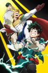  3boys blonde_hair blue_eyes bodysuit boku_no_hero_academia character_request chest covered_abs covered_navel freckles glasses gloves green_bodysuit green_eyes green_hair highres kuroshinki lightning male_focus midoriya_izuku multiple_boys muscle open_mouth short_hair smile toogata_mirio upper_body veins white_gloves 