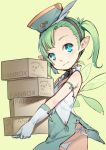  1girl aoi_tsunami bare_shoulders blue_eyes blue_headwear box cardboard_box closed_mouth commentary_request elbow_gloves fairy fairy_wings fanbox fantia_logo gloves green_background green_hair green_skirt green_wings hat highres holding holding_box ko-fi_logo original panties patreon_logo pointy_ears revision shirt side_ponytail simple_background skirt sleeveless sleeveless_shirt smile solo underwear white_gloves white_panties white_shirt wings 