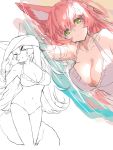  &gt;_&lt; 1girl animal_ear_fluff animal_ears bangs bare_shoulders breasts casual_one-piece_swimsuit cleavage closed_eyes closed_mouth collarbone commentary_request covered_navel flying_sweatdrops fox_ears fox_girl fox_tail frilled_swimsuit frills green_eyes hair_between_eyes head_tilt highres large_breasts long_hair lying multiple_views on_side one-piece_swimsuit original red_hair standing star_(symbol) swimsuit tail undressing very_long_hair water yuuji_(yukimimi) 