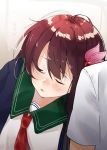  1girl 1other blue_jacket brown_hair closed_eyes hair_ornament head_on_another&#039;s_shoulder highres jacket kantai_collection kisaragi_(kantai_collection) long_hair neckerchief red_neckwear remodel_(kantai_collection) sleeping u_yuz_xx upper_body white_background 