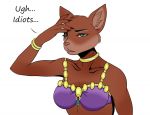  anthro black_claws bracelet brown_body brown_fur claws clothed clothing collar dainerissindra dialogue eyebrows fangs felid feline female fur gem green_eyes hand_on_head jewelry katta mammal narrowed_eyes pink_nose quest_for_glory shema simple_background solo white_background 