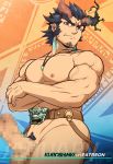  1boy abs bara censored chest crossed_arms dark_blue_hair erection facial_hair fang highres horns jewelry kuroshinki looking_at_viewer male_focus mosaic_censoring muscle nipples nude pectorals penis red_eyes scar short_hair solo takemaru_(tokyo_houkago_summoners) thick_eyebrows thick_thighs thighs tokyo_houkago_summoners upper_body veins 