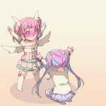  &gt;:) 2girls \o/ arms_up ayasaka bang_dream! bangs blue_hair choker commentary_request detached_sleeves dress gradient gradient_background hair_bobbles hair_ornament head_wings jacket long_hair maruyama_aya multicolored_hair multiple_girls nyuubara_reona outstretched_arms pink_choker pink_hair purple_skirt seiza sitting skirt standing tan_background thighhighs twintails two-tone_hair v-shaped_eyebrows visor white_jacket white_legwear white_wings wings 