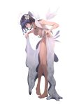  1girl absurdres arknights bare_arms bare_shoulders barefoot blue_hair breasts closed_eyes commentary flower full_body hair_flower hair_ornament halo highres medium_breasts mostima_(arknights) shidai solo standing thighs white_flower 