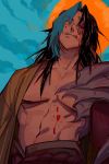  1boy bare_chest belt black_hair black_sclera blood blood_on_face blue_hair blue_sky closed_mouth cloud collarbone contrast highres kayn league_of_legends licking long_hair male_focus multicolored multicolored_hair navel outdoors red_eyes rope_belt sky slit_pupils solo tongue tongue_out vixen_z6 yellow_eyes 