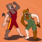  anthro barefoot bulge clothing color_edit colored duo edit fur hooves hornbuckle male mammal mid_transformation open_mouth simple_background spandex suid suina sus_(pig) tail_tuft tight_clothing transformation tuft tusks unknown_colorist wild_boar wrestling_singlet 