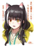  1girl animal_ear_fluff animal_ears bangs black_hair blush cat_ears eyebrows_visible_through_hair girls_frontline heterochromia highres hood hood_down long_hair multicolored_hair open_mouth red_eyes ro635_(girls_frontline) simple_background solo streaked_hair translation_request white_background white_hair yellow_eyes yukinoshiro 