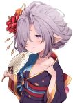  1girl breasts fan feff672166 flower granblue_fantasy hair_flower hair_ornament hair_over_one_eye hairpin harvin hot japanese_clothes kimono nio_(granblue_fantasy) pointy_ears purple_eyes purple_hair small_breasts sweat white_background wide_sleeves yukata 