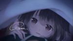  1girl artist_name bare_shoulders blanket blurry brown_eyes brown_hair close-up depth_of_field face head_tilt kono_subarashii_sekai_ni_shukufuku_wo! light_particles looking_at_viewer megumin off_shoulder out_of_frame parted_lips renren_(pixiv22963369) shared_blanket signature smile solo_focus under_covers 