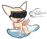  2020 aggressive_retsuko anthro breasts canid canine dialogue english_text female fennec fenneko fox front_view hi_res mammal nipples nude open_mouth open_smile pillow pillow_ride samoyena sanrio simple_background smile solo straddling text vr_headset white_background 
