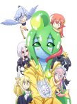  6+girls absurdres animal_ears arachne blonde_hair blue_eyes blue_hair blue_skin blush_stickers centaur centorea_shianus chibi closed_mouth disembodied_head dullahan eyebrows_visible_through_hair feathered_wings green_eyes green_hair hair_between_eyes harpy head_fins highres holding holding_sword holding_weapon horse_ears insect_girl lala_(monster_musume) lamia long_hair looking_at_viewer mermaid meroune_lorelei miia_(monster_musume) monster_girl monster_musume_no_iru_nichijou multiple_girls official_art okayado orange_eyes papi_(monster_musume) pink_hair pointy_ears ponytail rachnera_arachnera red_eyes red_hair short_hair simple_background slime_girl smile spider_girl suu_(monster_musume) sword weapon white_background white_hair wings yellow_eyes 