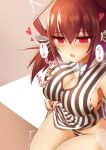  1girl blush bra breast_grab breasts brown_hair cleavage_cutout dress grabbing grabbing_from_behind konohana_saku large_breasts lifted_by_another open_mouth original panties red_eyes sitting skirt skirt_lift striped striped_bra striped_dress striped_panties trembling twintails underwear 