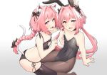  2boys absurdres alternate_costume animal_ears astolfo_(fate) astolfo_(saber)_(fate) bangs bare_shoulders black_bow black_legwear black_leotard blush bow braid bunny_ears bunnysuit cat_cutout cat_ears cat_lingerie cat_tail commentary_request detached_collar eyebrows_visible_through_hair fake_animal_ears fang fate/apocrypha fate/grand_order fate_(series) fishnet_legwear fishnets hair_bow hair_intakes hair_ribbon highres jtleeklm leotard long_braid long_hair looking_at_viewer male_focus meme_attire multicolored_hair multiple_boys multiple_views open_mouth otoko_no_ko pantyhose photoshop_(medium) pink_hair purple_eyes revision ribbon simple_background single_braid smile strapless strapless_leotard streaked_hair swimsuit tail thighhighs white_background white_hair 