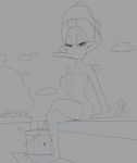  anatid anseriform anthro avian billboi bird bodily_fluids bucket coals crossed_legs duck eyelashes female hair hi_res inviting looking_at_viewer monochrome sauna sitting smile solo steam sweat the_looney_tunes_show tina_russo towel towel_on_head towel_only towel_wrap warner_brothers 
