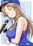  1girl blue_background blue_headwear blue_nails blue_napoleon breasts brown_hair character_name green_eyes highres holding holding_microphone idolmaster idolmaster_cinderella_girls large_breasts long_hair looking_at_viewer matsumoto_sarina microphone sidelocks smile solo unu_(unucence) upper_body wristband 