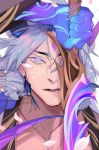  1boy arm_up blue_skin collarbone eyeball_earrings face facial_mark fingernails grey_hair highres holding holding_weapon league_of_legends long_hair making-of_available male_focus parted_lips petals sharp_fingernails solo sword upper_body vixen_z6 weapon yone_(league_of_legends) 
