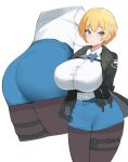  1girl arms_behind_back ass black_jacket blonde_hair blue_eyes blue_skirt blush breasts buttons eyebrows_visible_through_hair girls_frontline hair_ornament holster huge_breasts jacket kuavera mole mole_under_eye pantyhose parted_lips pouch shirt short_hair simple_background skirt snowflake_hair_ornament solo thigh_holster vsk-94_(girls_frontline) white_background work_in_progress 