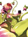  1girl alraune breasts character_request commentary_request cover cover_page green_skin hair_over_one_eye large_breasts looking_at_viewer monster_girl monster_musume_no_oisha-san navel novel_cover novel_illustration official_art plant plant_girl simple_background sitting smile solo tongue tongue_out underboob vines white_background z-ton 