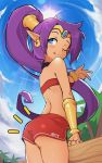  :q absurdres ass bare_shoulders bikini bikini_top blue_eyes bracer chocpocalypse earrings from_behind highres hoop_earrings huge_filesize jewelry long_hair looking_back one_eye_closed outdoors pointy_ears ponytail purple_hair red_bikini red_shorts shantae_(character) shantae_(series) short_shorts shorts sky smile sun swimsuit thighs tiara tongue tongue_out v very_long_hair 