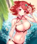  1girl absurdres bangs beach bikini blush bracelet breasts chest_jewel cowboy_shot earrings from_above hand_on_own_chest highres jewelry large_breasts looking_at_viewer lying navel o-ring o-ring_bikini on_back pyra_(xenoblade) red_bikini red_eyes red_hair risumi_(taka-fallcherryblossom) short_hair smile solo swept_bangs swimsuit tiara xenoblade_chronicles_(series) xenoblade_chronicles_2 