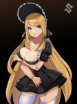  1girl arm_under_breasts arms_under_breasts bangs black_background blonde_hair blue_eyes bonnet breasts character_request cleavage copyright_request cowboy_shot doll_joints eyebrows_visible_through_hair garter_straps highres joints large_breasts long_hair maid phat_nguyen simple_background solo swept_bangs thighhighs very_long_hair white_legwear 