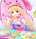  1girl :d absurdres animal_hat armpit_peek bangs blonde_hair blurry blurry_background blush breasts brown_eyes cat_hat collarbone commentary_request dj eva_16-gouki eyebrows_visible_through_hair futaba_anzu graffiti hair_between_eyes hair_bobbles hair_ornament hairclip hat headphones headphones_around_neck highres idolmaster idolmaster_cinderella_girls idolmaster_cinderella_girls_starlight_stage long_hair looking_at_viewer low_twintails open_mouth overall_shorts phonograph pink_headwear scrunchie shirt short_sleeves sidelocks small_breasts smile smug solo standing t-shirt turntable twintails upper_body v wall white_shirt wrist_scrunchie wristband x_hair_ornament 