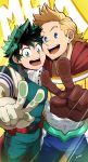  2boys blonde_hair blue_eyes bodysuit boku_no_hero_academia bulge cheek-to-cheek covered_abs covered_navel foreshortening freckles gloves green_bodysuit green_eyes green_hair highres kuroshinki male_focus midoriya_izuku multiple_boys muscle open_mouth short_hair toogata_mirio upper_body v white_gloves 