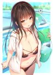  1girl bikini black_bikini blurry blurry_background breasts brown_hair cleavage cowboy_shot depth_of_field halterneck highres innertube jacket kotegawa_yui large_breasts long_hair looking_at_viewer multi-strapped_bikini navel open_clothes open_jacket open_mouth orange_eyes short_sleeves solo spoken_squiggle squiggle stomach string_bikini sune_(mugendai) swimsuit to_love-ru white_jacket 