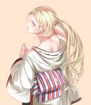  1girl beige_background blonde_hair blue_eyes commentary_request from_behind hair_between_eyes hyoutenka japanese_clothes kantai_collection kimono long_hair mole mole_under_eye mole_under_mouth nape ponytail profile richelieu_(kantai_collection) simple_background solo upper_body white_kimono 