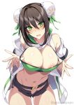  1girl bangs bare_shoulders belt bikini black_shorts blush breasts bun_cover chainsaw_of_the_dead cleavage double_bun fate/grand_order fate_(series) green_bikini green_eyes green_ribbon highres jacket large_breasts long_sleeves looking_at_viewer navel nipple_slip nipples off_shoulder open_clothes open_jacket open_mouth qin_liangyu_(fate) ribbon short_shorts shorts sidelocks simple_background swimsuit thighs white_background white_jacket zeroshiki_kouichi 