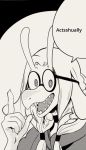  5_fingers anime anthro black_and_white claws clothed clothing comic digital_media_(artwork) dragon dungeon_meshi eyewear female fingers floppy_ears glasses hair halftoned horn looking_at_viewer manga meme monochrome newd sharp_teeth simple_background solo sybyl_(newd) teeth 