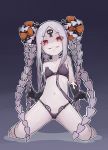  1girl abigail_williams_(fate/grand_order) abigail_williams_(swimsuit_foreigner)_(fate) absurdres barefoot bikini black_background black_bikini black_bow black_gloves bow fate/grand_order fate_(series) flat_chest full_body gloves gradient gradient_background highres huge_filesize kneeling long_hair looking_at_viewer mmhomm navel orange_bow pale_skin polka_dot polka_dot_bow red_eyes sharp_teeth smile solo swimsuit teeth very_long_hair white_hair 