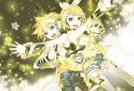  119 1boy 1girl belt belt_buckle blonde_hair blue_eyes bow brother_and_sister buckle detached_sleeves headset heart highres jpeg_artifacts kagamine_len kagamine_rin looking_at_viewer open_mouth short_hair siblings smile star_(symbol) twins vocaloid white_legwear 