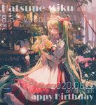  1girl bangs character_name dat dated dress flower flower_shop green_eyes green_hair hair_over_shoulder hair_ribbon hairband hatsune_miku highres holding holding_flower long_hair maccha_(mochancc) plant potted_plant red_dress red_ribbon ribbon shop sleeves_past_elbows solo standing twintails very_long_hair yellow_flower 