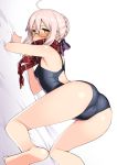  1girl ahoge all_fours artoria_pendragon_(all) ass black_swimsuit braid braided_bun commentary_request competition_swimsuit crown_braid dutch_angle fate/grand_order fate_(series) glasses hair_bun long_hair looking_at_viewer mysterious_heroine_x_(alter) namonashi one-piece_swimsuit pink_hair plaid plaid_scarf red_scarf scarf simple_background solo swimsuit white_background yellow_eyes 