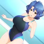  1girl antenna_hair blue_hair blurry breasts brown_eyes cleavage collarbone commentary_request competition_swimsuit cowboy_shot depth_of_field dutch_angle from_above idolmaster idolmaster_million_live! large_breasts looking_at_viewer one-piece_swimsuit pataniito short_hair solo swimsuit toyokawa_fuuka wavy_hair 