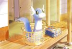  black_eyes clothes commentary_request dratini erushiza gen_1_pokemon in_basket laundry_basket no_humans pillar pokemon pokemon_(creature) shadow slippers 