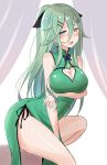  1girl alternate_breast_size aqua_eyes aqua_hair arm_between_legs bare_shoulders blush breast_hold breasts china_dress chinese_clothes cleavage cleavage_cutout dress hair_ornament hairclip heart heart-shaped_pupils heart_cutout highres jewelry kantai_collection large_breasts long_hair looking_at_viewer open_mouth ponytail ring saku_(kudrove) solo symbol-shaped_pupils yamakaze_(kantai_collection) 
