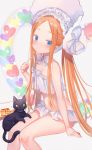  1girl abigail_williams_(fate/grand_order) abigail_williams_(swimsuit_foreigner)_(fate) absurdres animal arm_support bangs bare_shoulders bikini black_cat blonde_hair blue_eyes bonnet bow bowtie cat fate/grand_order fate_(series) forehead heart highres invisible_chair long_hair looking_at_viewer midriff navel parted_bangs shouu-kun sitting solo swimsuit thighs twintails very_long_hair white_background white_bikini white_bow 